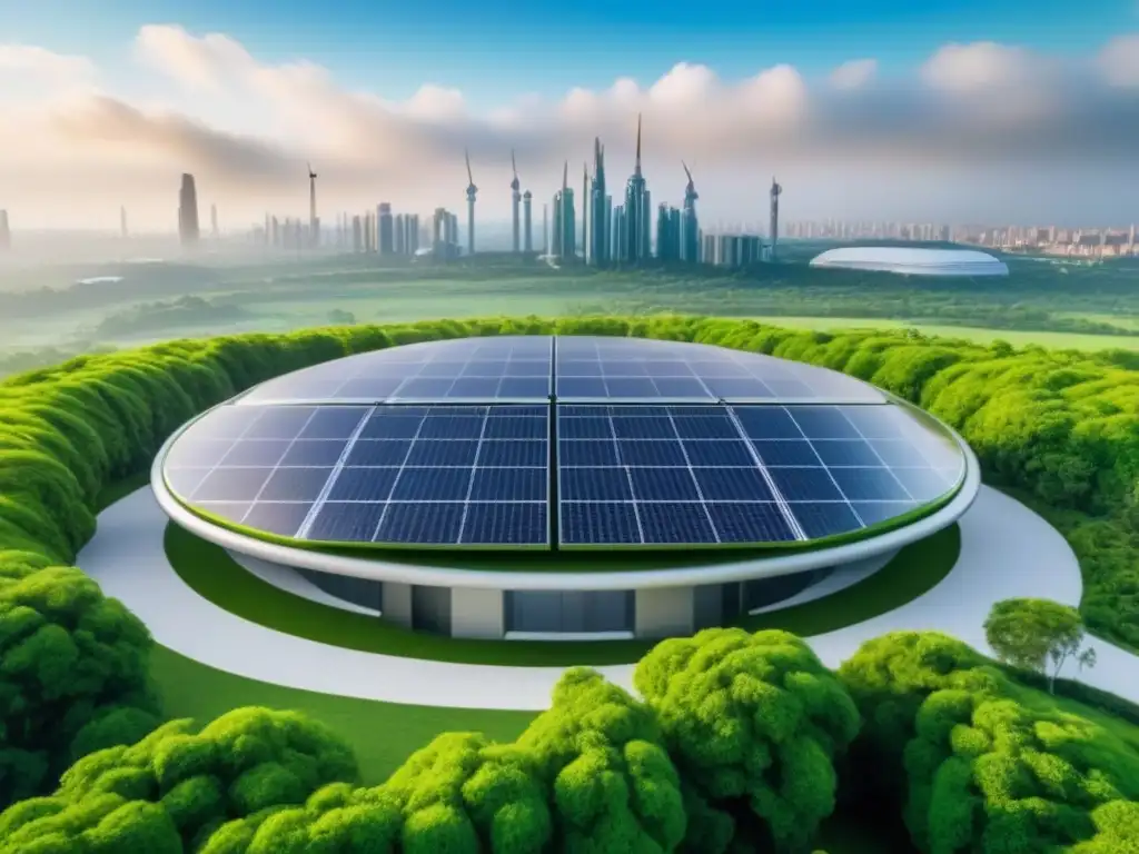 Edificio futurista sostenible con energía limpia y naturaleza exuberante Edificio futurista sostenible con vegetación exuberante y energías limpias, en una ciudad eco, destacando los Créditos de carbono en inmuebles