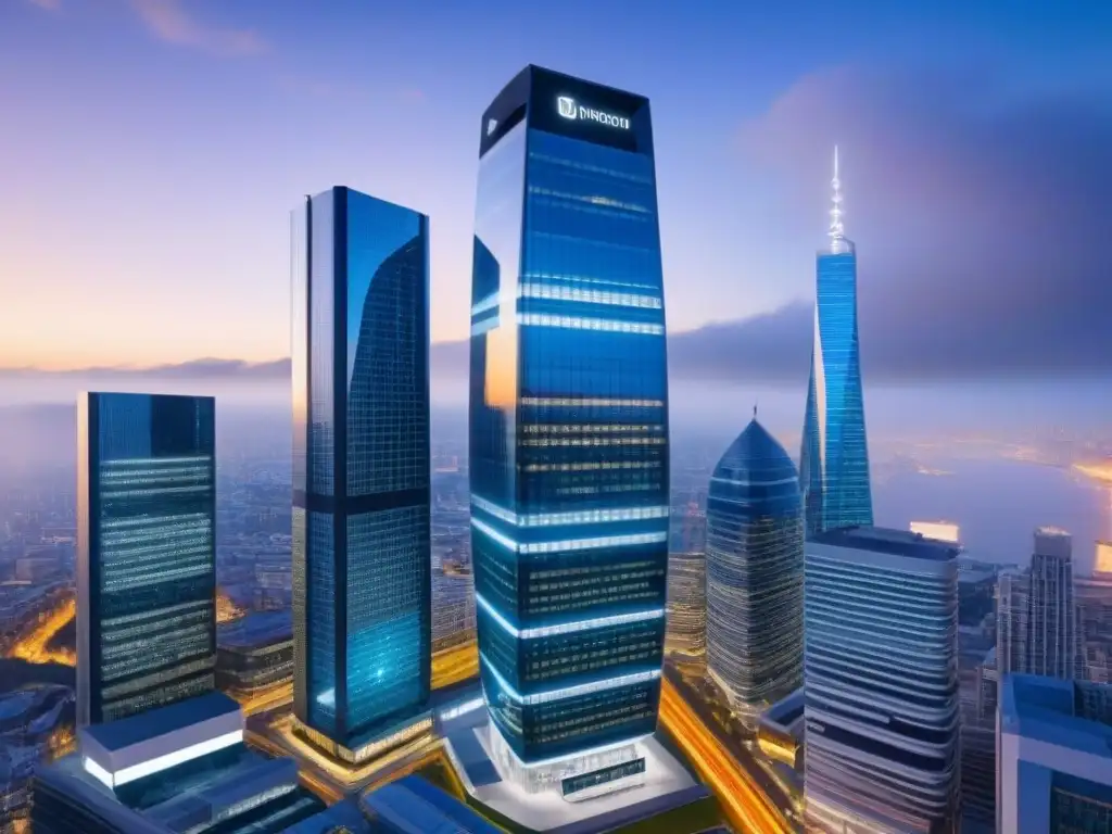 Edificio futurista con tecnología Proptech en la ciudad Un edificio futurista con tecnología Proptech para gestión inmobiliaria financiera integrada digitalmente, destaca en la ciudad