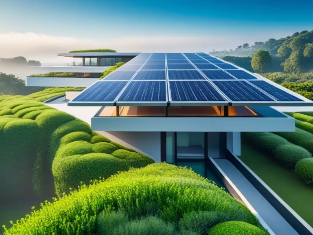 Edificio verde del futuro: diseño sostenible y moderno Edificio futurista verde con paneles solares y jardines, rodeado de naturaleza