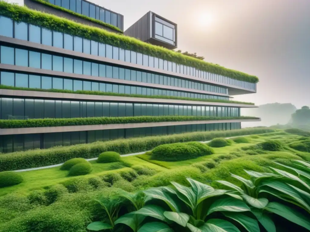 Edificio futurista verde rodeado de vegetación, con paneles solares y techos verdes