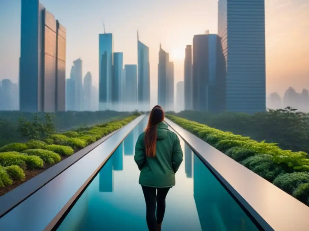 Elegante arquitectura sostenible en la ciudad al atardecer Edificio futurista de vidrio, fusionando elegancia y sostenibilidad en la ciudad al atardecer