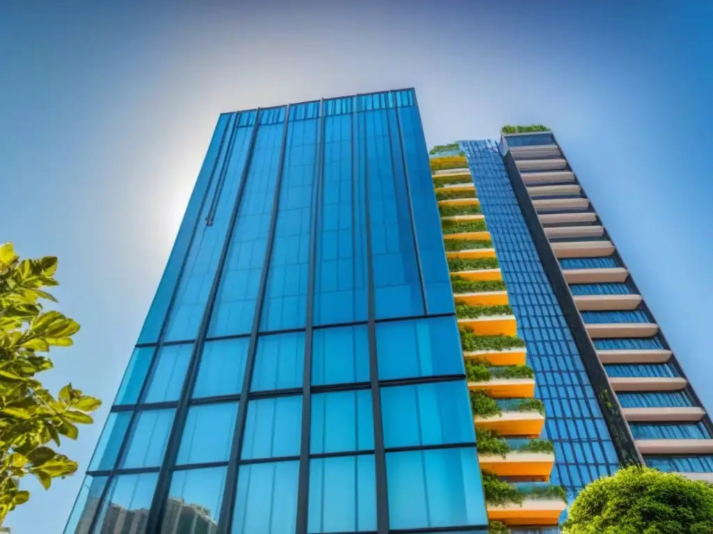 Edificio de lujo y modernidad: éxito en el sector inmobiliario Un edificio de gran altura moderno y lujoso con fachadas de vidrio, rodeado de árboles verdes y cielo azul