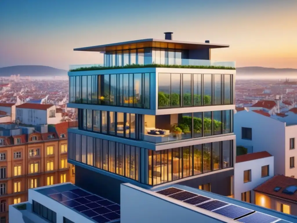 Edificio híbrido futurista fusionado con la ciudad, simbolizando diversificación en cartera inmobiliaria híbrida