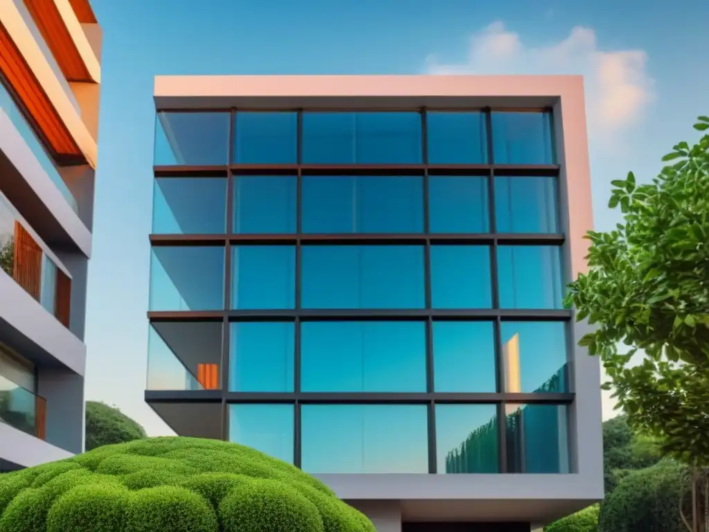 Un edificio híbrido moderno rodeado de vegetación, simbolizando crecimiento y prosperidad