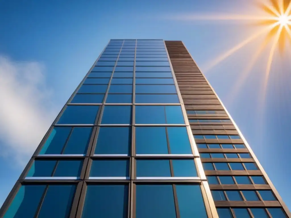 Edificio LEED certificado: diseño sostenible en detalle Edificio LEEDcertificado con paneles solares, techo verde y materiales reciclados, bajo un cielo azul radiante