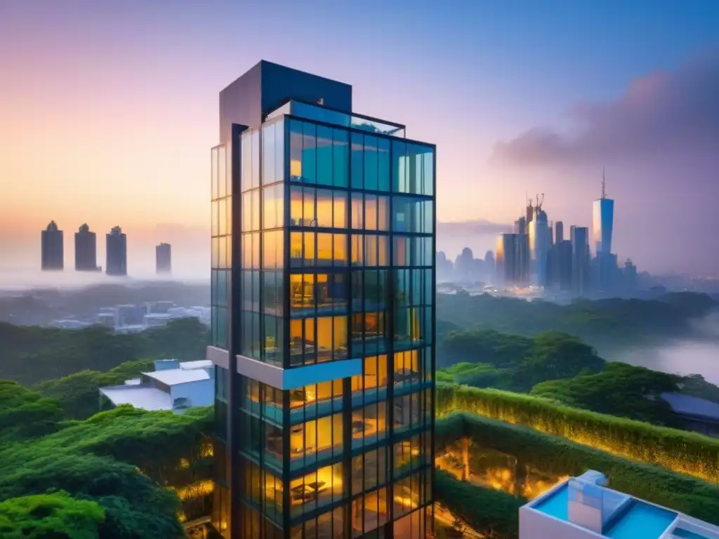 Edificio de lujo con diseño moderno y vistas urbanas al atardecer Edificio de lujo con diseño arquitectónico moderno, rodeado de vegetación y paisaje urbano contemporáneo, reflejando la ciudad al atardecer