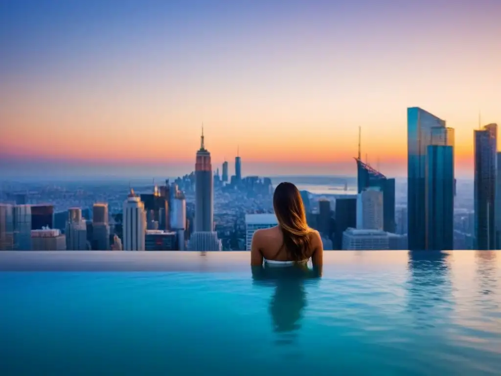 Inversión inmobiliaria: rascacielos de lujo al atardecer Edificio de lujo en la ciudad al atardecer, con piscina en la azotea