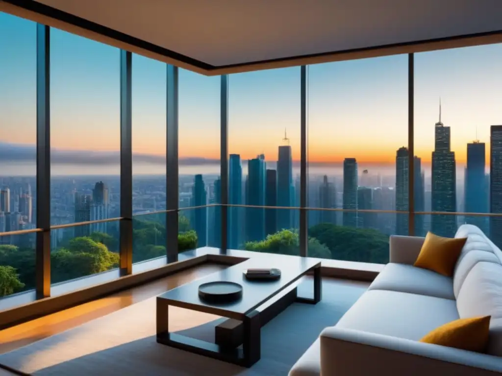 Edificio de lujo en ciudad vibrante: inversión inmobiliaria Edificio de lujo en la ciudad con ventanales altos, reflejando la luz dorada del atardecer