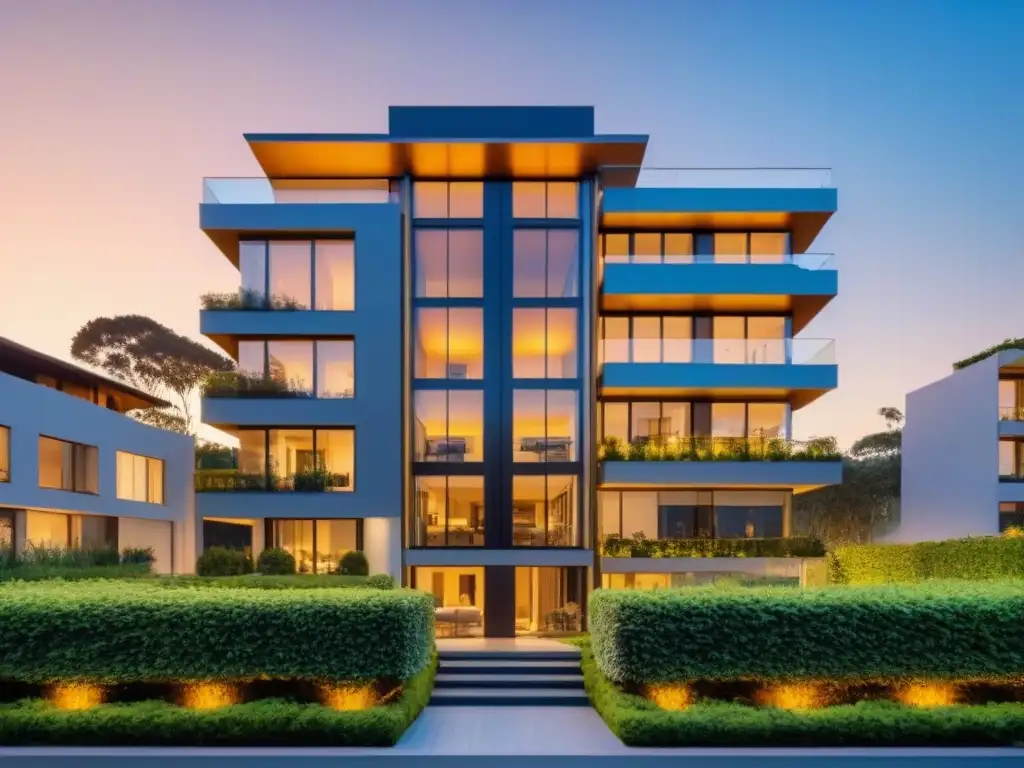 Edificio de lujo futurista al atardecer con publicidad exterior elegante Edificio de lujo futurista al atardecer, con cristaleras que reflejan el cielo dorado, rodeado de vegetación exuberante y mobiliario de alta gama