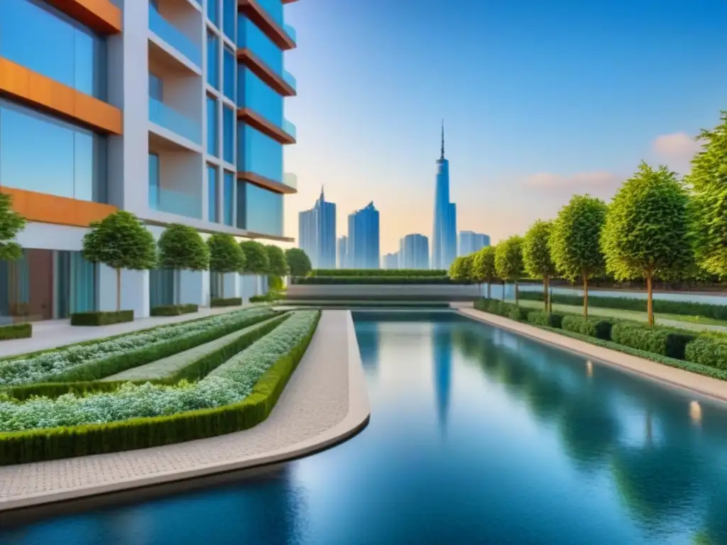 Edificio de lujo: arquitectura moderna en la ciudad Edificio de lujo moderno con jardín y fuente, reflejando la importancia del tipo de cambio en inversión inmobiliaria