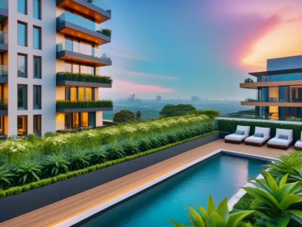 Edificio de lujo al atardecer: opulencia moderna entre naturaleza Edificio de lujo moderno rodeado de vegetación exuberante reflejando tonos dorados al atardecer