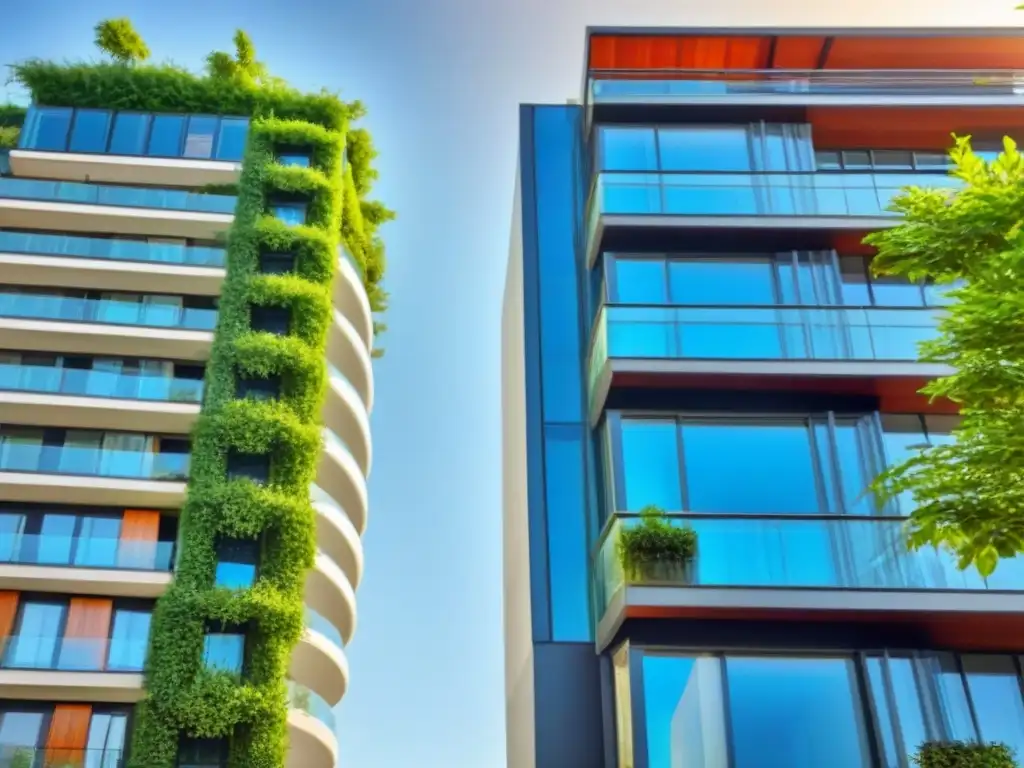 Edificio de lujo entre naturaleza y elegancia urbana Un edificio de lujo moderno rodeado de vegetación exuberante bajo un cielo azul claro, con la luz del sol iluminando su elegante fachada de vidrio