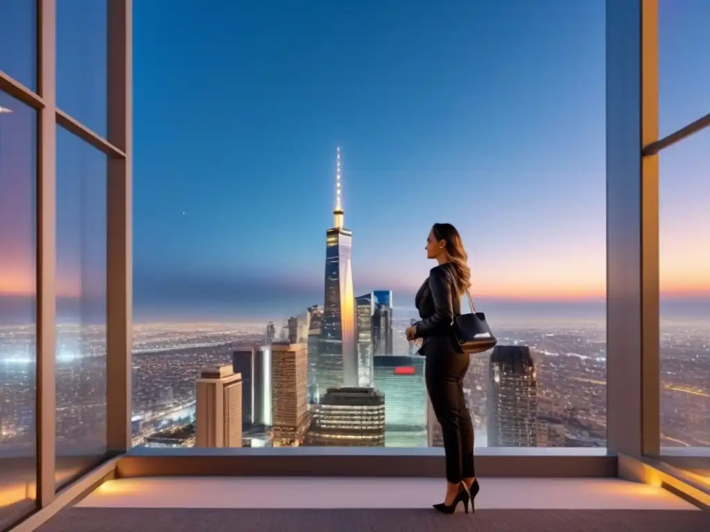 Edificio de lujo moderno con ventanas de piso a techo reflejando la ciudad de noche, refinanciamiento inmuebles lujo sin comprobantes