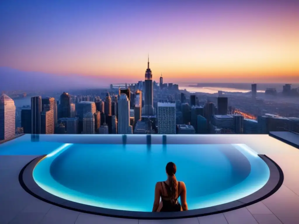 Edificio de lujo con piscina infinita en la azotea al atardecer Edificio de lujo con piscina infinita en la azotea, reflejando el atardecer dorado sobre el skyline urbano