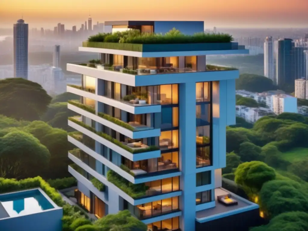 Edificio de lujo en atardecer dorado y exuberante entorno Un edificio de lujo en propiedad horizontal protege su inversión con elegancia y naturaleza