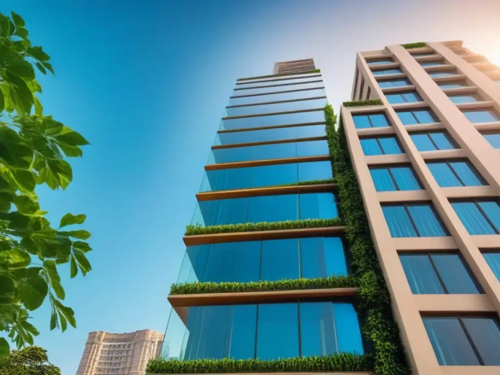 Edificio de lujo en la ciudad, rodeado de vegetación exuberante Edificio de lujo rodeado de vegetación, con detalles arquitectónicos modernos y ventanas de cristal reflejando la ciudad