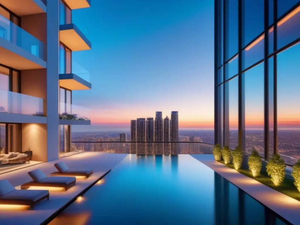 Condominio de lujo al atardecer en la ciudad Edificio de lujo con ventanales altos en reflejo de ciudad al anochecer, opciones refinanciamiento lujo inmobiliario