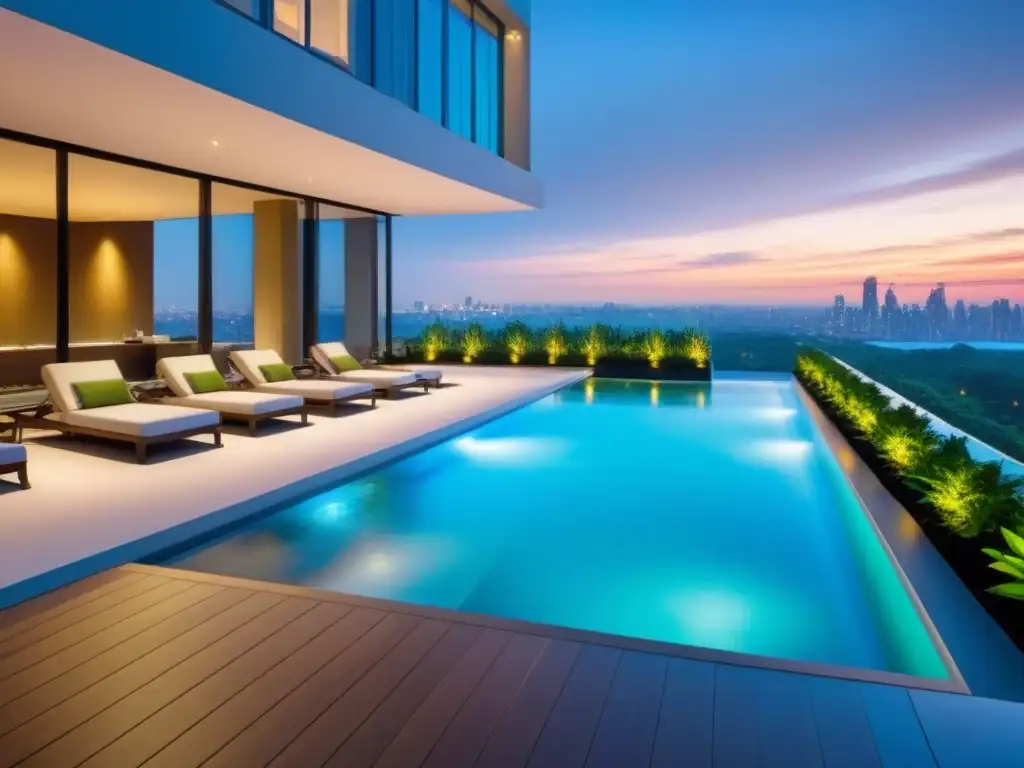 Rascacielos de lujo con piscina en la azotea al atardecer Edificio de lujo con vista urbana al anochecer y área de piscina en la azotea, ideal para Seguros para éxito inmobiliario