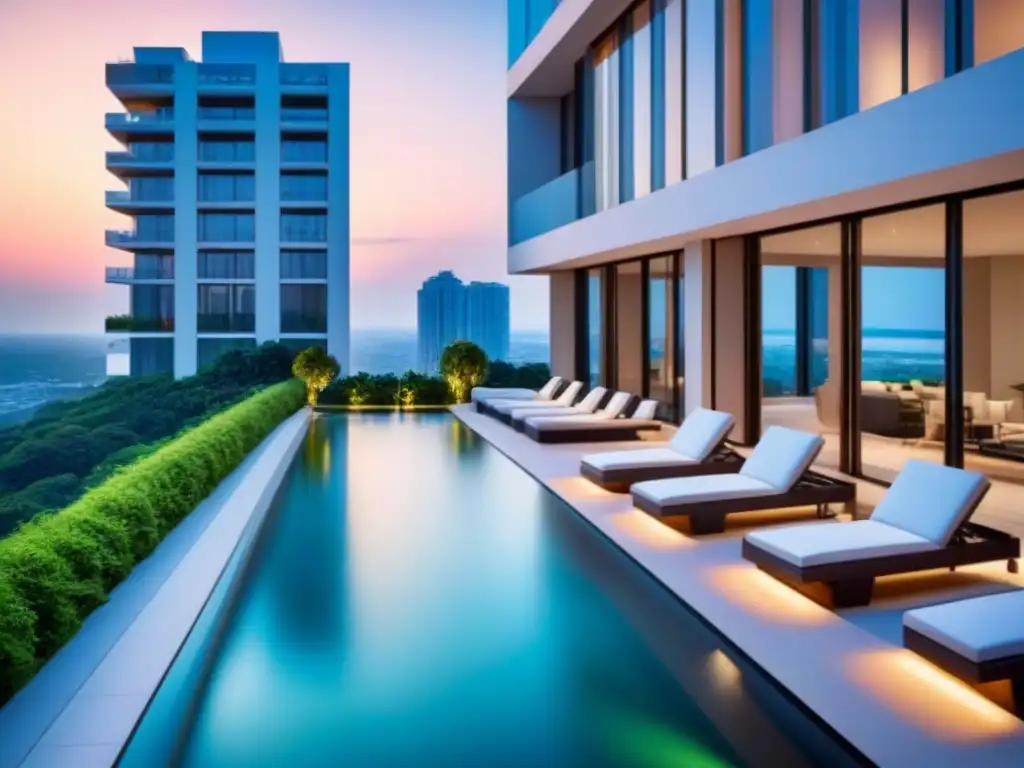 Edificio de lujo con vistas urbanas y piscina infinita en la azotea Edificio de lujo con vista urbana y piscina en la azotea, ideal para refinanciamiento de lujo para inversores