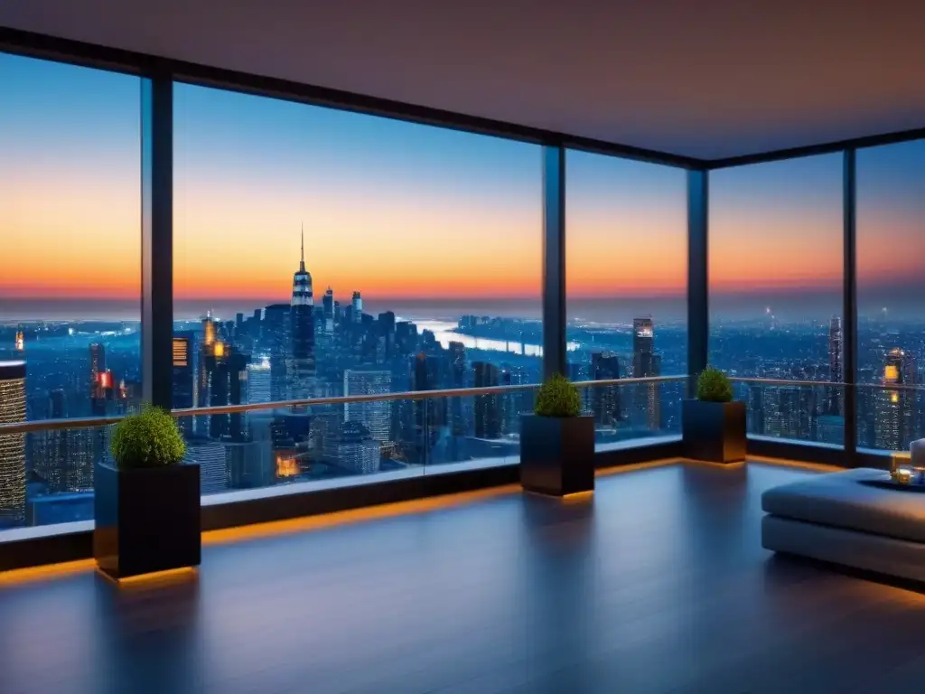 Edificio de lujo con vistas panorámicas al atardecer en la ciudad Edificio de lujo con vista urbana al atardecer