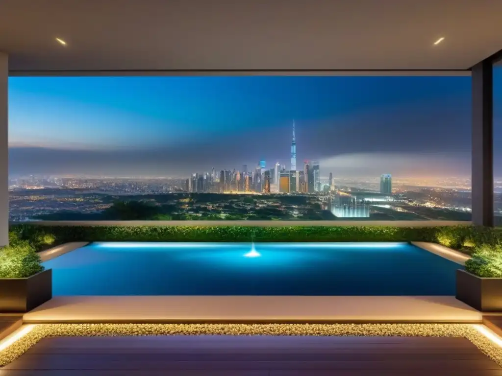 Edificio de lujo: noche en la ciudad con jardines y agua Edificio de lujo con vistas nocturnas a la ciudad y jardines elegantes