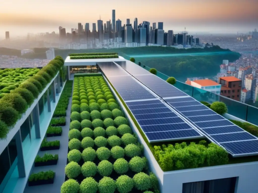 Edificio de lujo con energía verde y jardines en la azotea en la ciudad Un edificio moderno de apartamentos con características de energía verde, como paneles solares y jardines en la azotea, en una ciudad bulliciosa