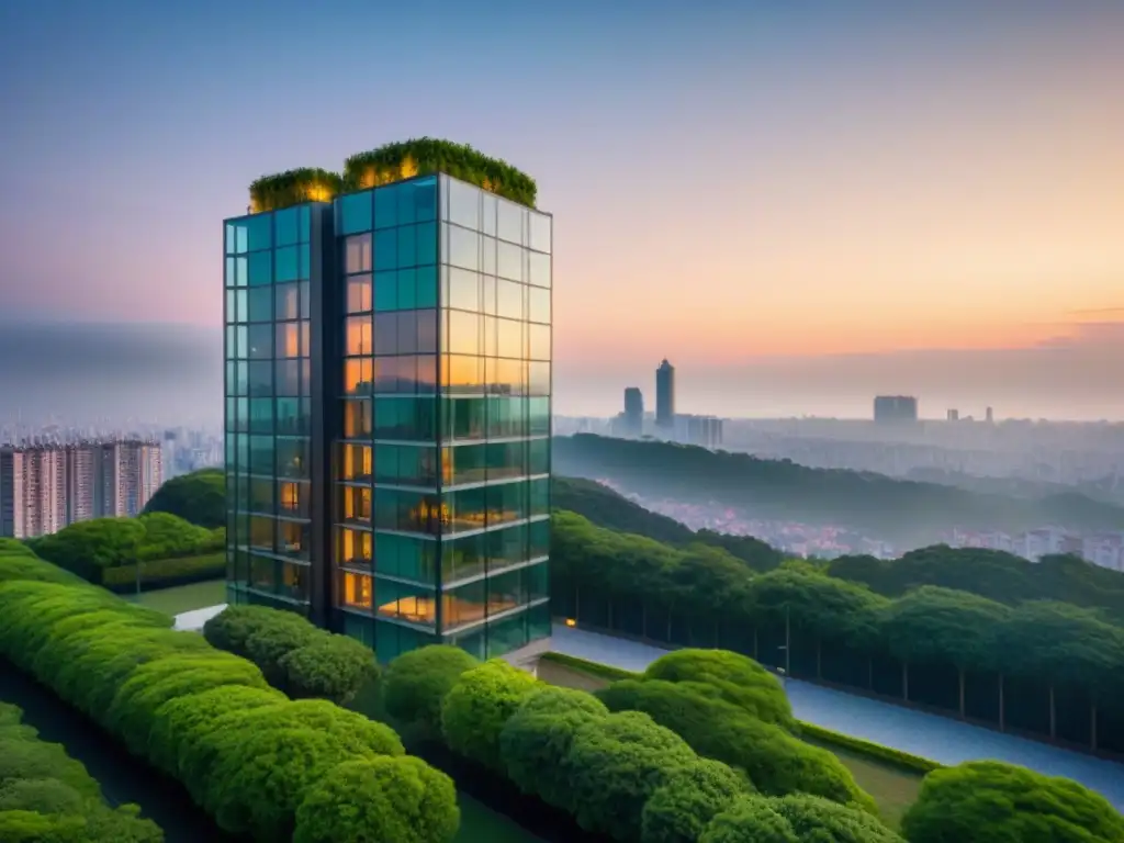 Un edificio moderno de apartamentos de lujo al atardecer, reflejando la calidez del sol, rodeado de vegetación y una ciudad vibrante