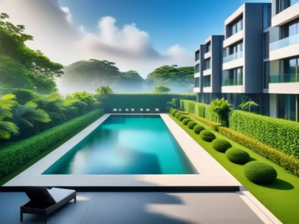 Edificio de apartamentos modernos de lujo con diseño elegante y piscina Edificio moderno de apartamentos lujosos con diseño de interiores elegante, rodeado de vegetación y zona de piscina