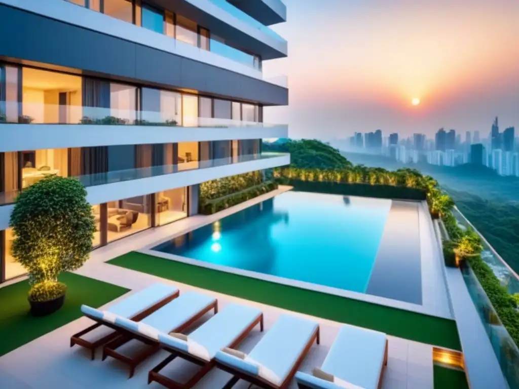 Edificio de apartamentos de lujo en entorno urbano y natural Edificio moderno de apartamentos lujosos rodeado de exuberante vegetación y ciudad vibrante al atardecer