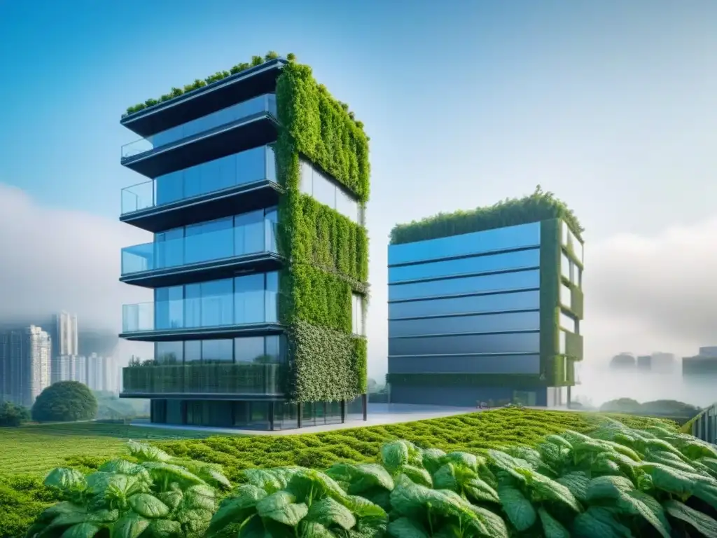 Diseño arquitectónico sostenible: innovación verde en la ciudad Un edificio moderno con diseño arquitectónico innovador y tecnologías verdes integradas, rodeado de naturaleza y ciudad
