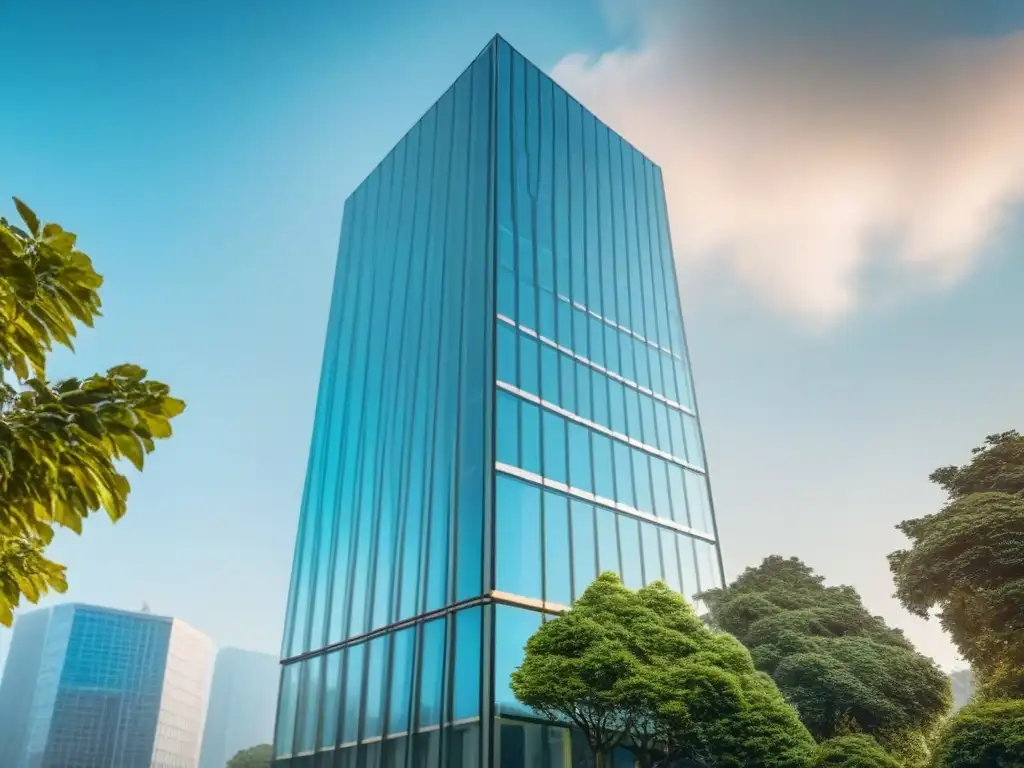 Edificio moderno con arquitectura futurista en entorno próspero Edificio moderno con arquitectura futurista y fachada de vidrio, rodeado de vegetación y cielo azul