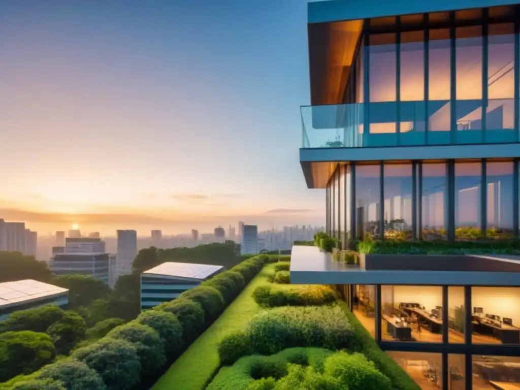 Edificio moderno ecofriendly en ciudad vibrante al atardecer Edificio moderno con certificaciones de sostenibilidad, rodeado de naturaleza y paneles solares, reflejando una ciudad al atardecer