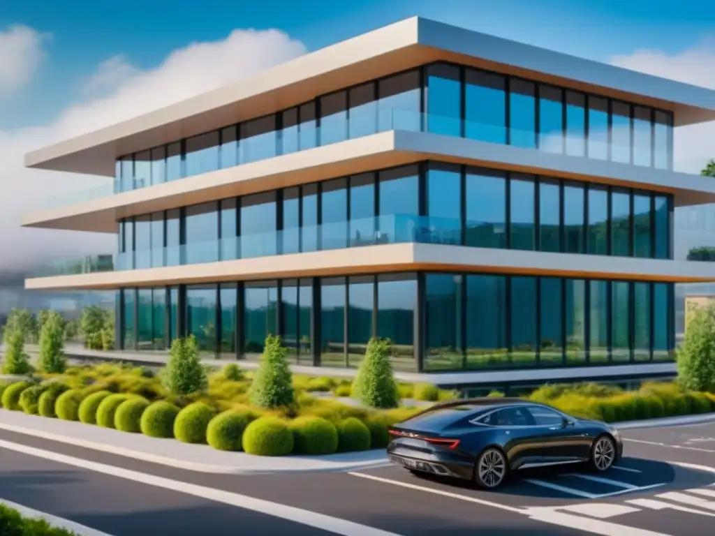Edificio moderno ecofriendly con paneles solares y jardines verdes Edificio moderno con certificaciones sostenibles, rodeado de naturaleza y cielo azul