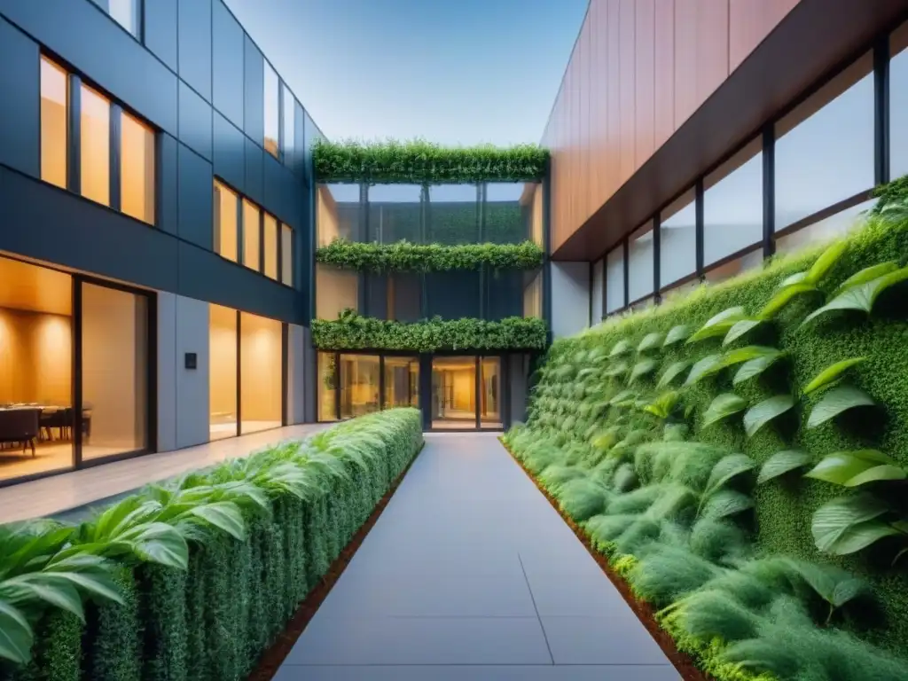 Edificio ecofriendly: diseño sostenible en entorno urbano Edificio moderno con certificaciones sostenibles en el sector inmobiliario rodeado de vegetación exuberante y ciclistas