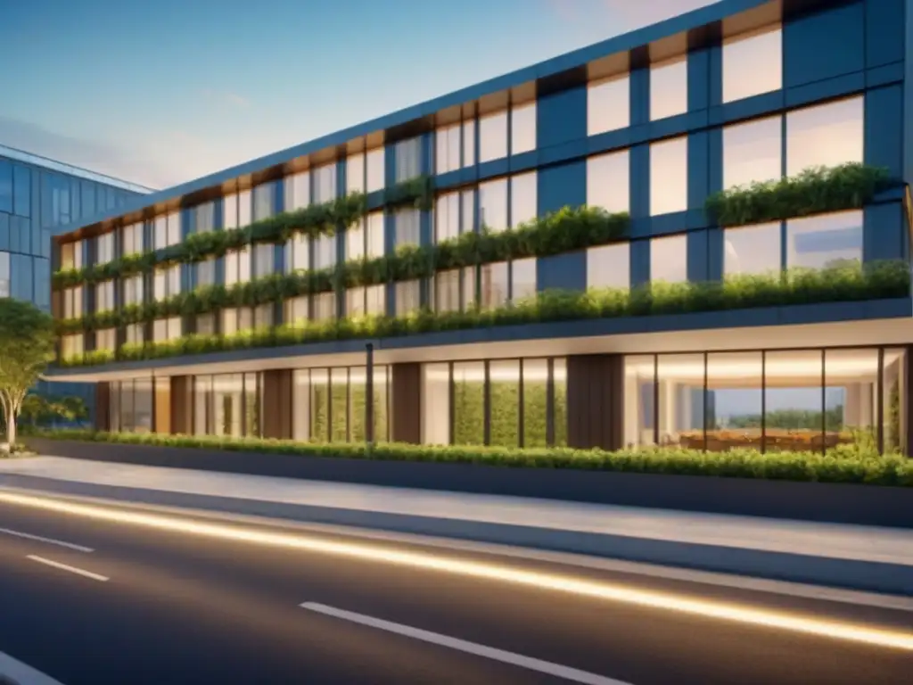 Edificio sostenible: diseño moderno y verde en 8k Edificio moderno con certificaciones sostenibles, rodeado de vegetación, paneles solares y espacios verdes
