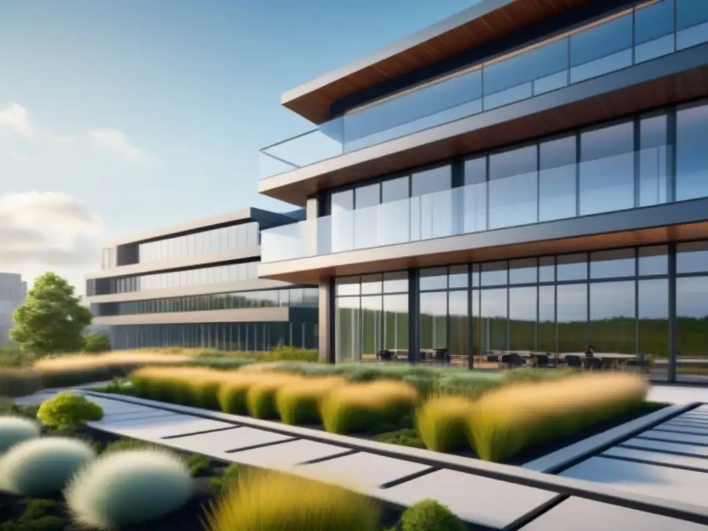 Edificio sostenible y colaborativo: innovación y LEED Un edificio moderno certificado LEED rodeado de naturaleza, con gente intercambiando ideas en áreas de reunión al aire libre