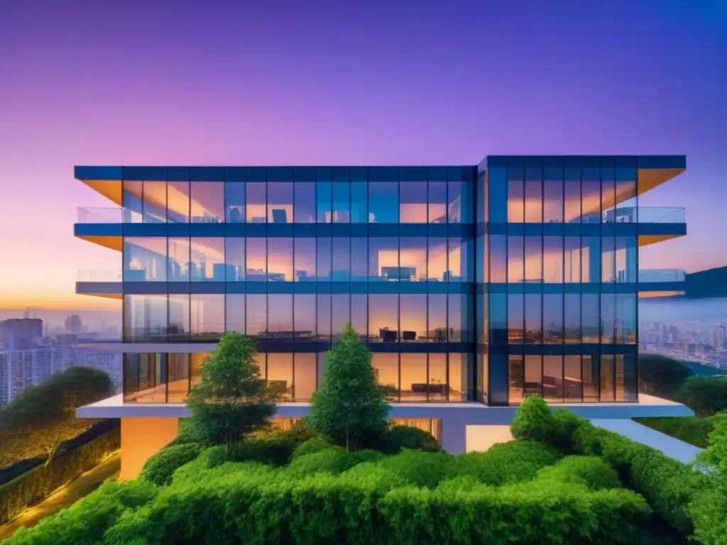 Edificio moderno al anochecer: luces de la ciudad en ventanales Un edificio moderno en la ciudad al anochecer, con ventanales reflejando luces urbanas