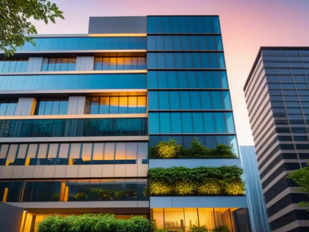 Edificio de oficinas moderno y lujoso con vistas a la ciudad Edificio moderno con cristaleras reflejando la ciudad, atardecer dorado y vegetación exuberante
