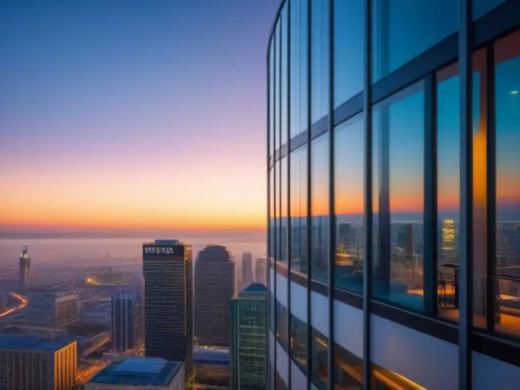Edificio moderno de oficinas con vista urbana al atardecer Edificio moderno con cristaleras reflejando la ciudad al atardecer
