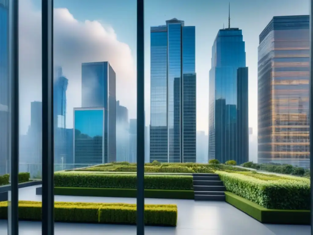 Edificio comercial moderno en ciudad vibrante: lujo y prosperidad Edificio moderno con cristaleras y skyline urbano reflejado, rodeado de vegetación exuberante y profesionales en traje de negocios