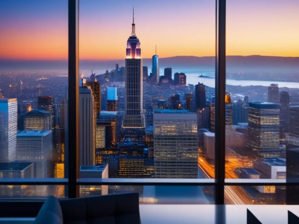 Oficina moderna con skyline urbano al atardecer Edificio moderno con cristales reflectantes en la ciudad al anochecer, ideal para productos híbridos inversión inmobiliaria