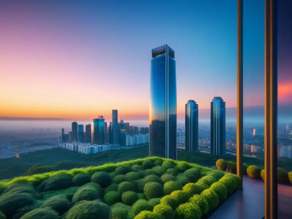 Edificio futurista con inteligencia artificial en financiamiento inmobiliario Edificio moderno con diseño arquitectónico elegante, rodeado de vegetación, reflejando la ciudad y datos de IA