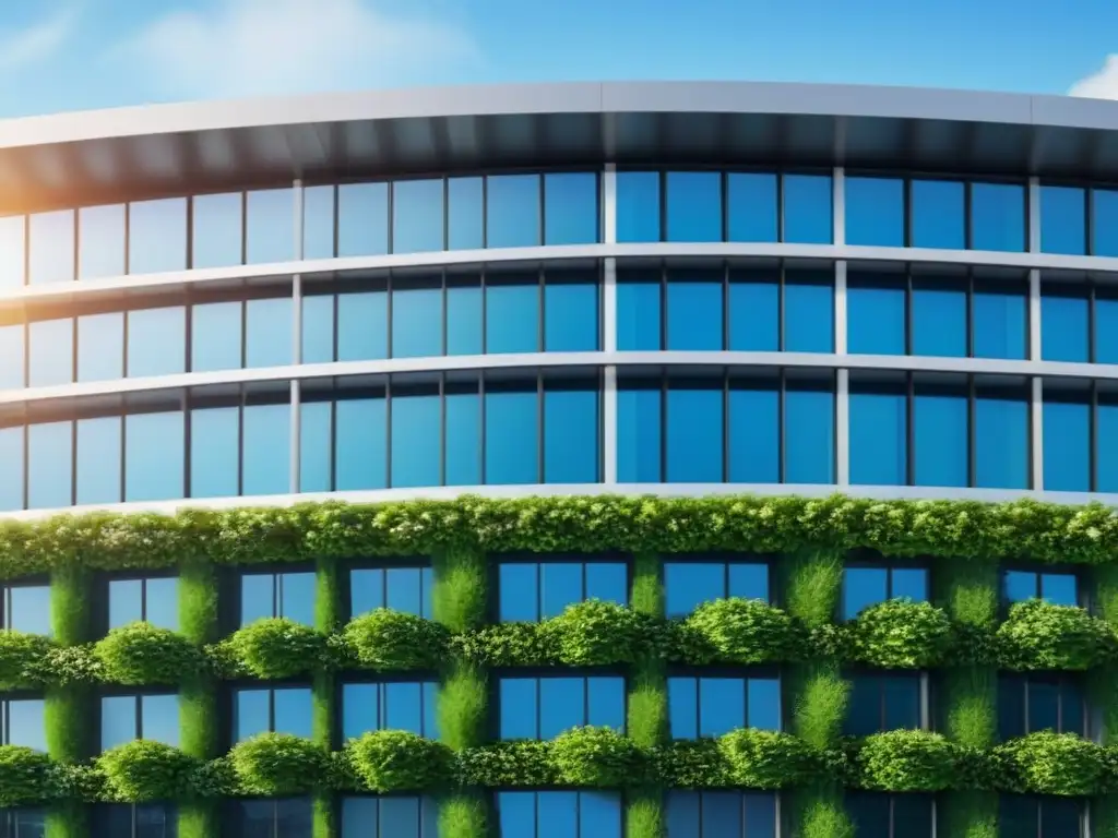 Edificio moderno con diseño energético y sostenible Un edificio moderno con diseño eficiente, paneles solares, paredes verdes y grandes ventanas
