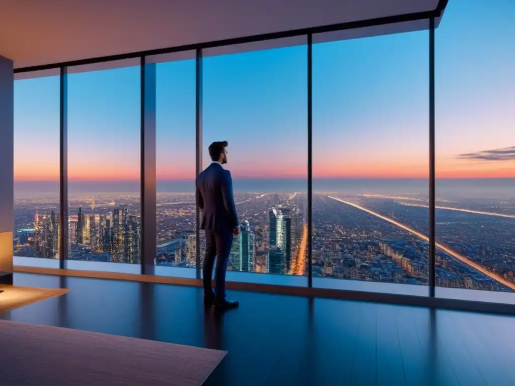 Edificio de lujo: arquitectura futurista en el atardecer urbano 'Edificio moderno con diseño futurista reflejando ciudad de noche
