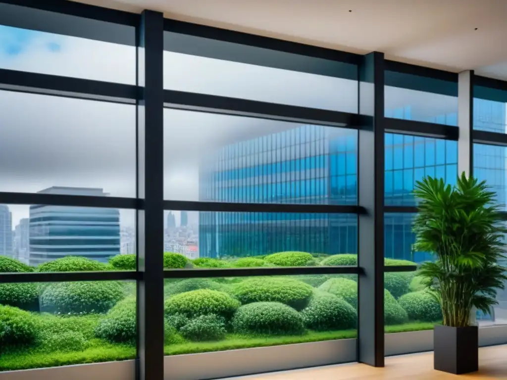 Edificio de oficinas moderno: diseño innovador en entorno urbano Edificio moderno con diseño innovador, ventanas grandes y vegetación integrada, reflejando éxito y beneficios de normativas inmobiliarias para inversión
