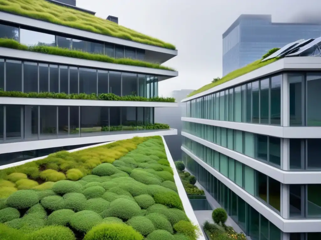 Edificio sustentable: arquitectura moderna con verde exuberante Un edificio moderno con diseño sostenible y prácticas verdes en gestión inmobiliaria, rodeado de exuberante vegetación