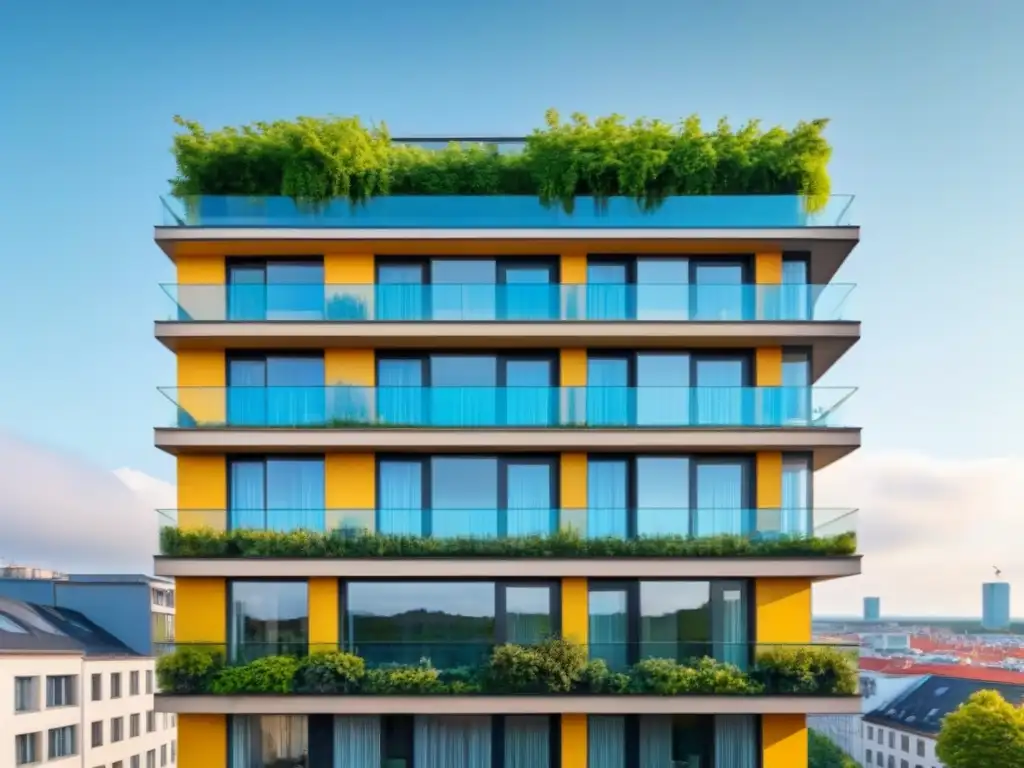 Edificio moderno en Berlín: diseño vanguardista y naturaleza urbana Edificio moderno en Berlín con diseño vanguardista y terraza en la azotea, ideal para financiamiento inmobiliario en Alemania