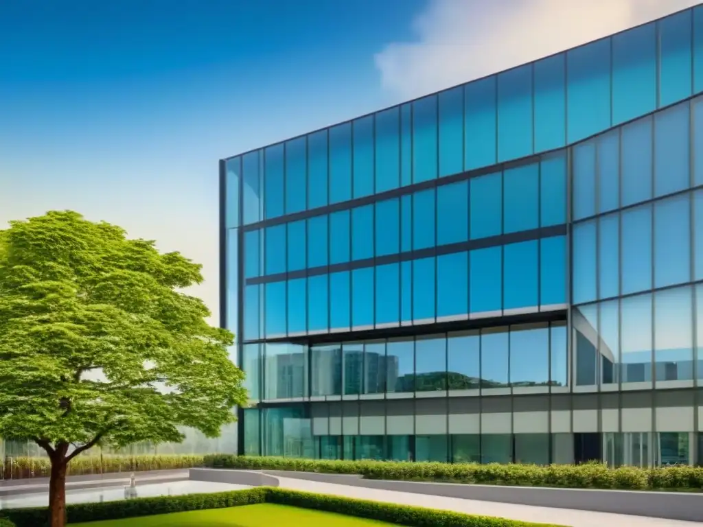 Edificio moderno en distrito financiero: transparencia y elegancia Edificio moderno en distrito financiero, reflejando cielo azul en fachada transparente, rodeado de vegetación