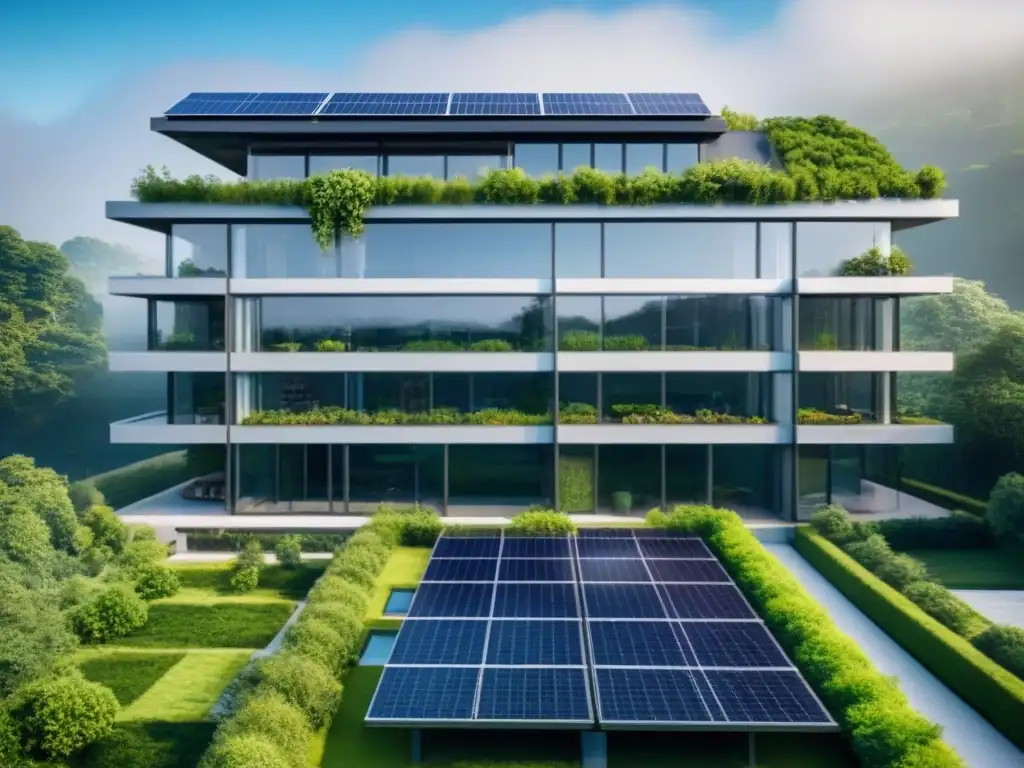 Edificio moderno sostenible: inversión verde en oficinas Edificio moderno ecoamigable con paneles solares y vegetación, simbolizando el Financiamiento Verde en Inversiones Inmobiliarias