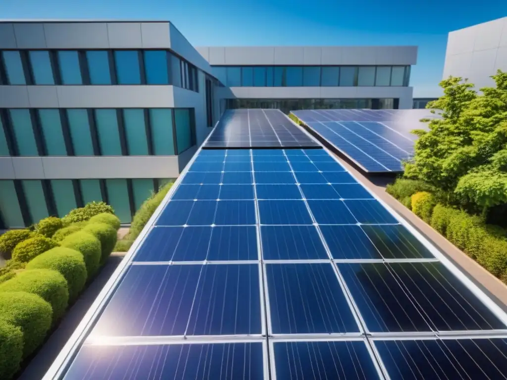 Inversión verde: Edificio moderno con paneles solares y profesionales Edificio moderno ecofriendly con paneles solares, rodeado de naturaleza y profesionales